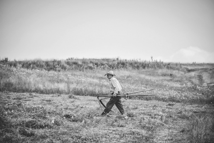 A farmer walking through a field