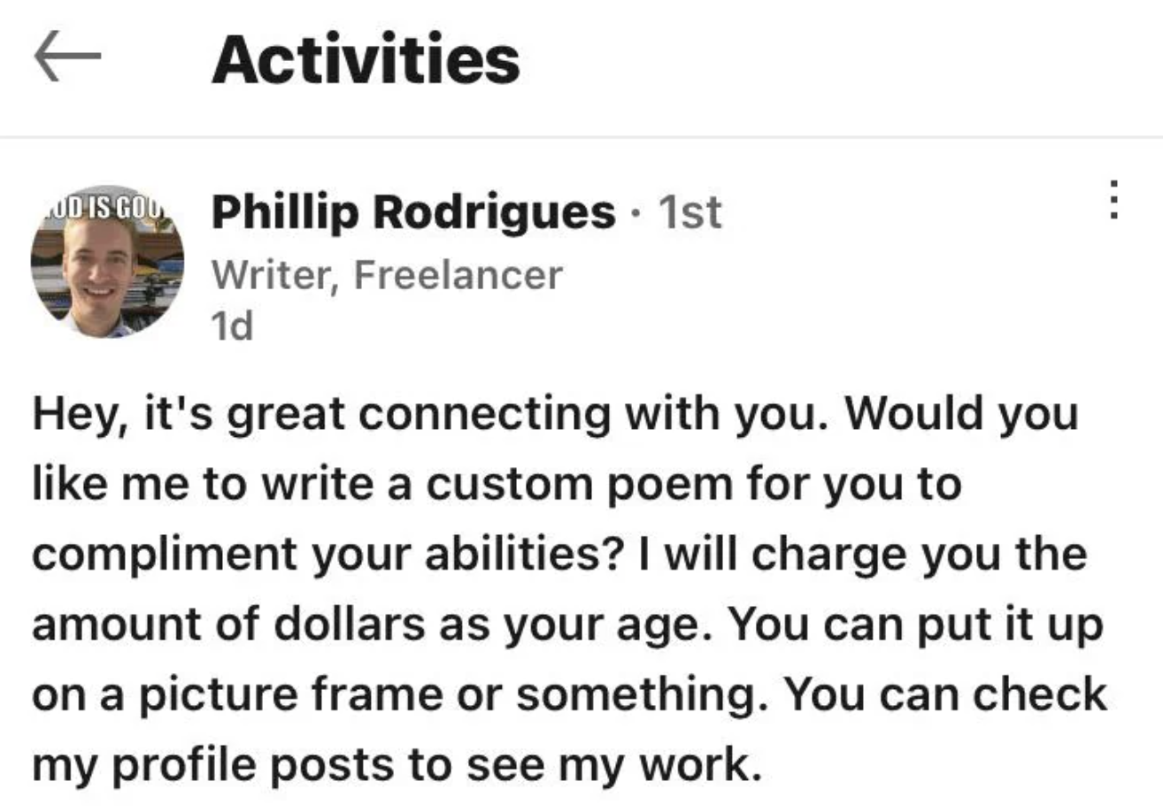 Reddit : Phililip is spamming people on LinkedIn