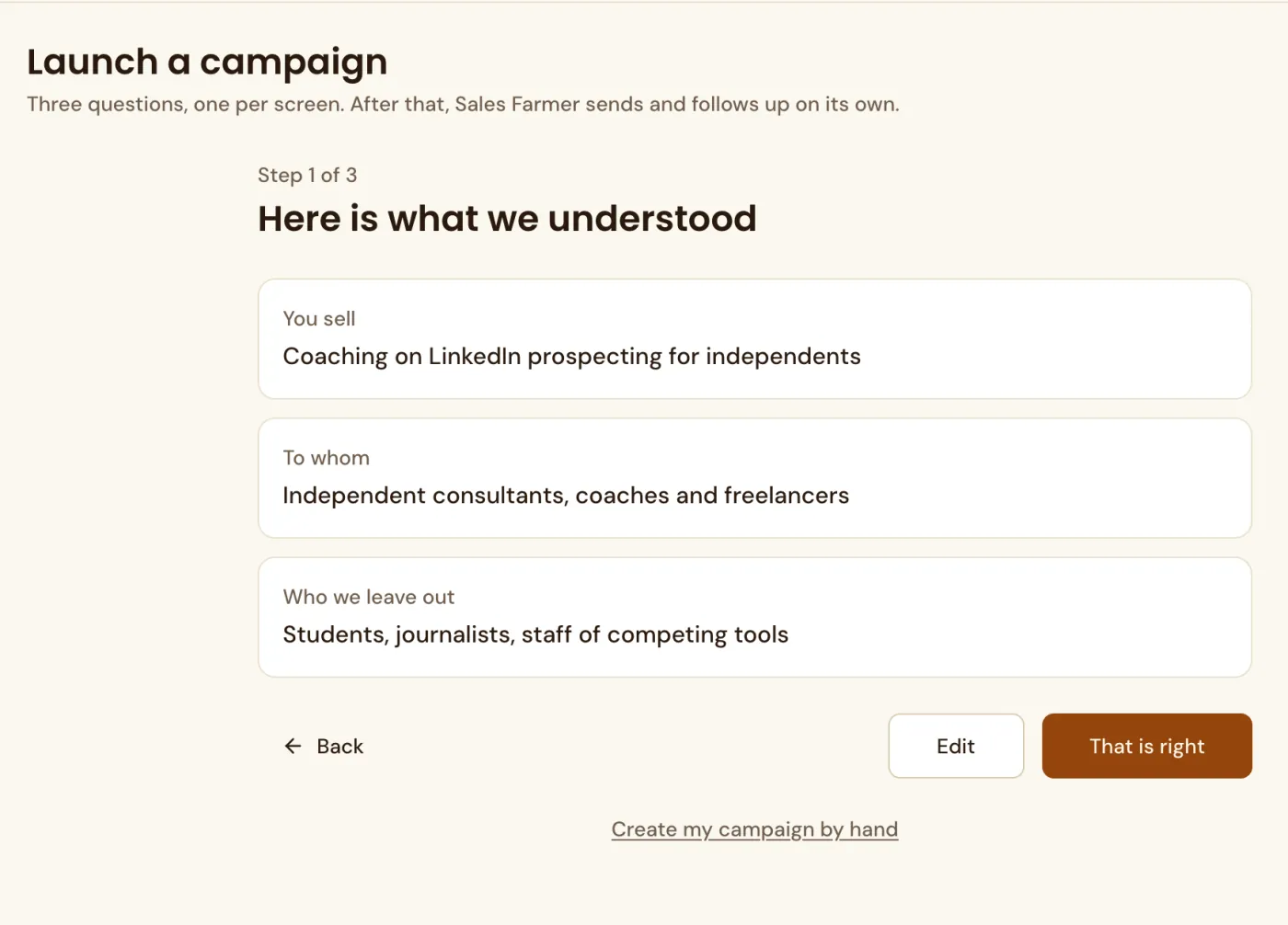 Step 1 of Launch a campaign: the three-line summary of what you sell, to whom, and who to leave out