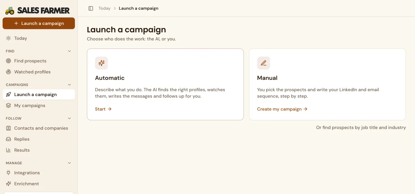 Sales Farmer Launch a campaign screen: two cards, Automatic and Manual