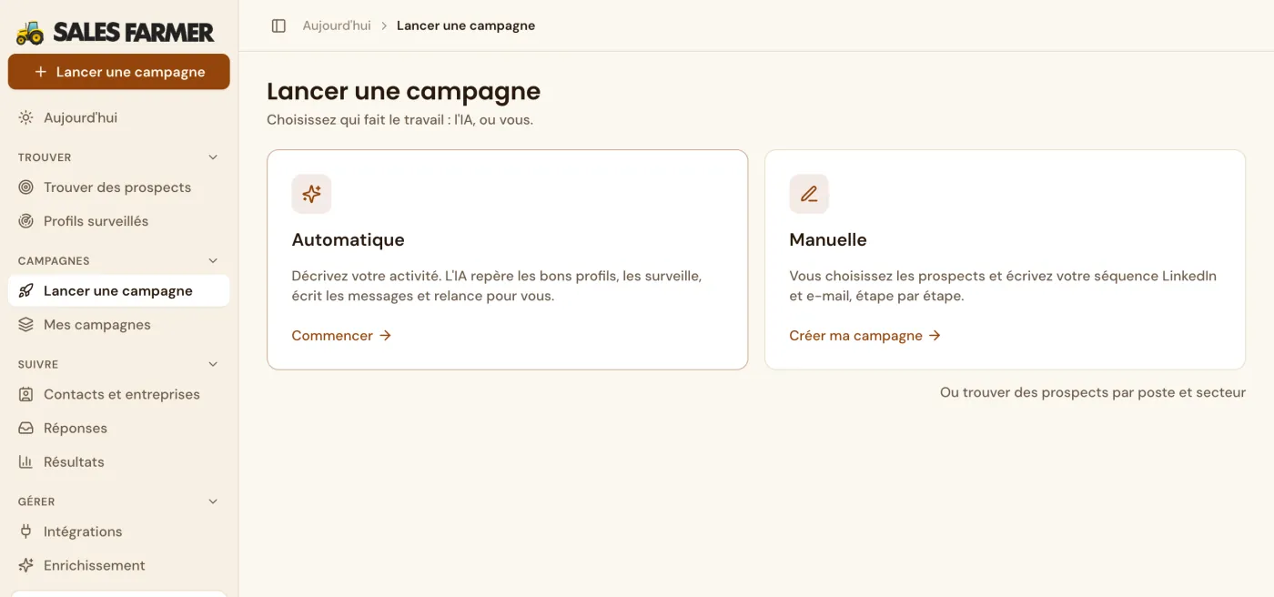 Écran Lancer une campagne de Sales Farmer : deux cartes, Automatique et Manuelle