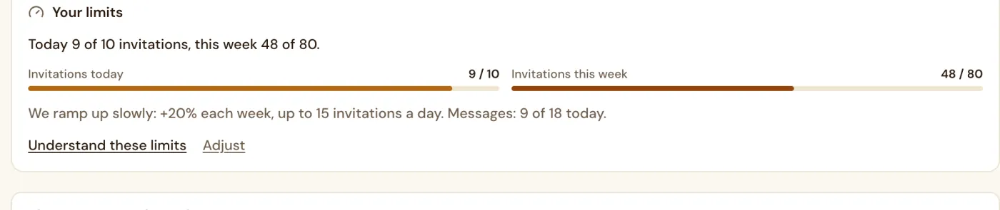 The Your limits card: invitations today and this week, ramp-up of 20% a week
