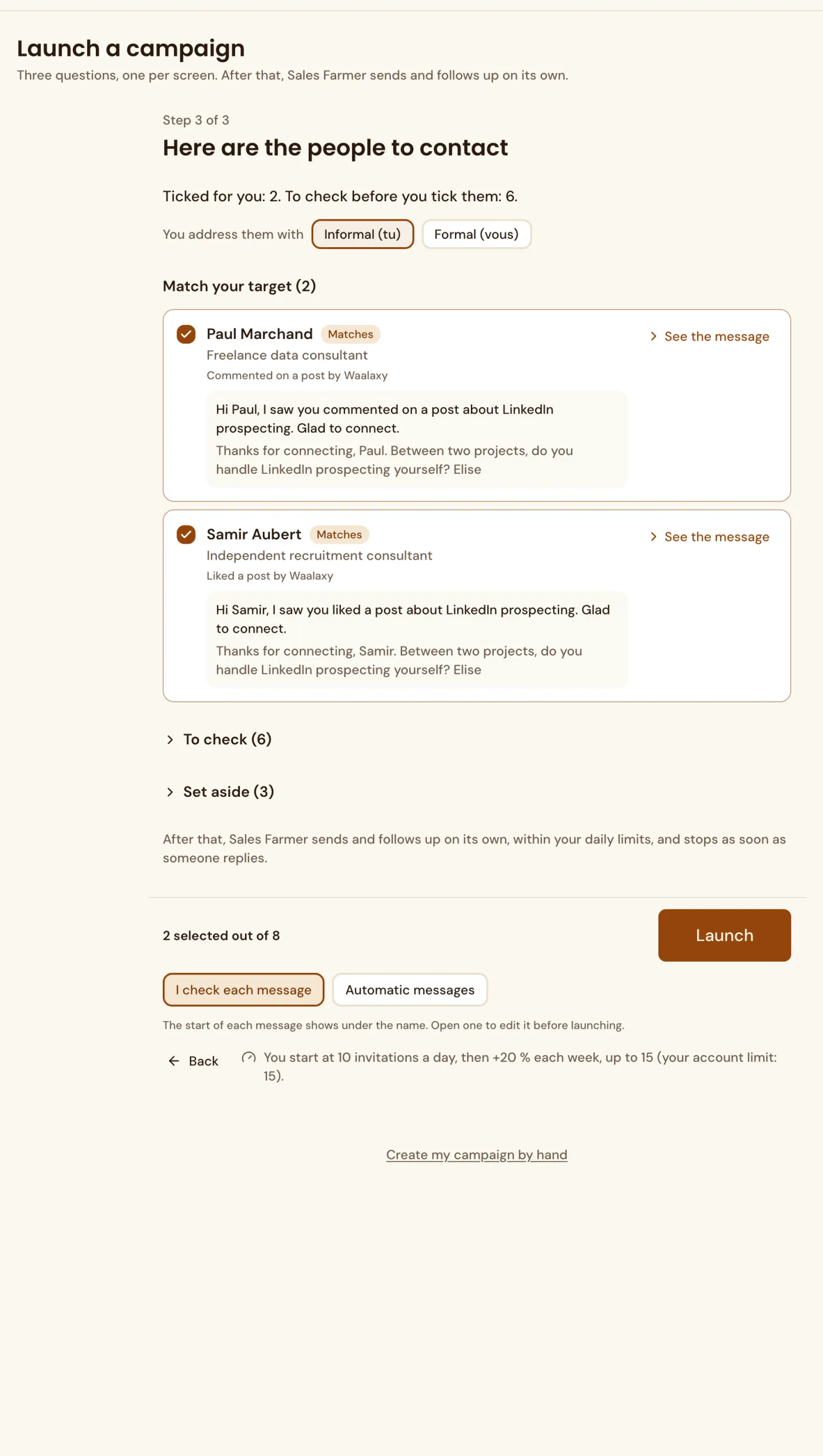 Step 3 of Launch a campaign: the list of people to approve, with their source and message